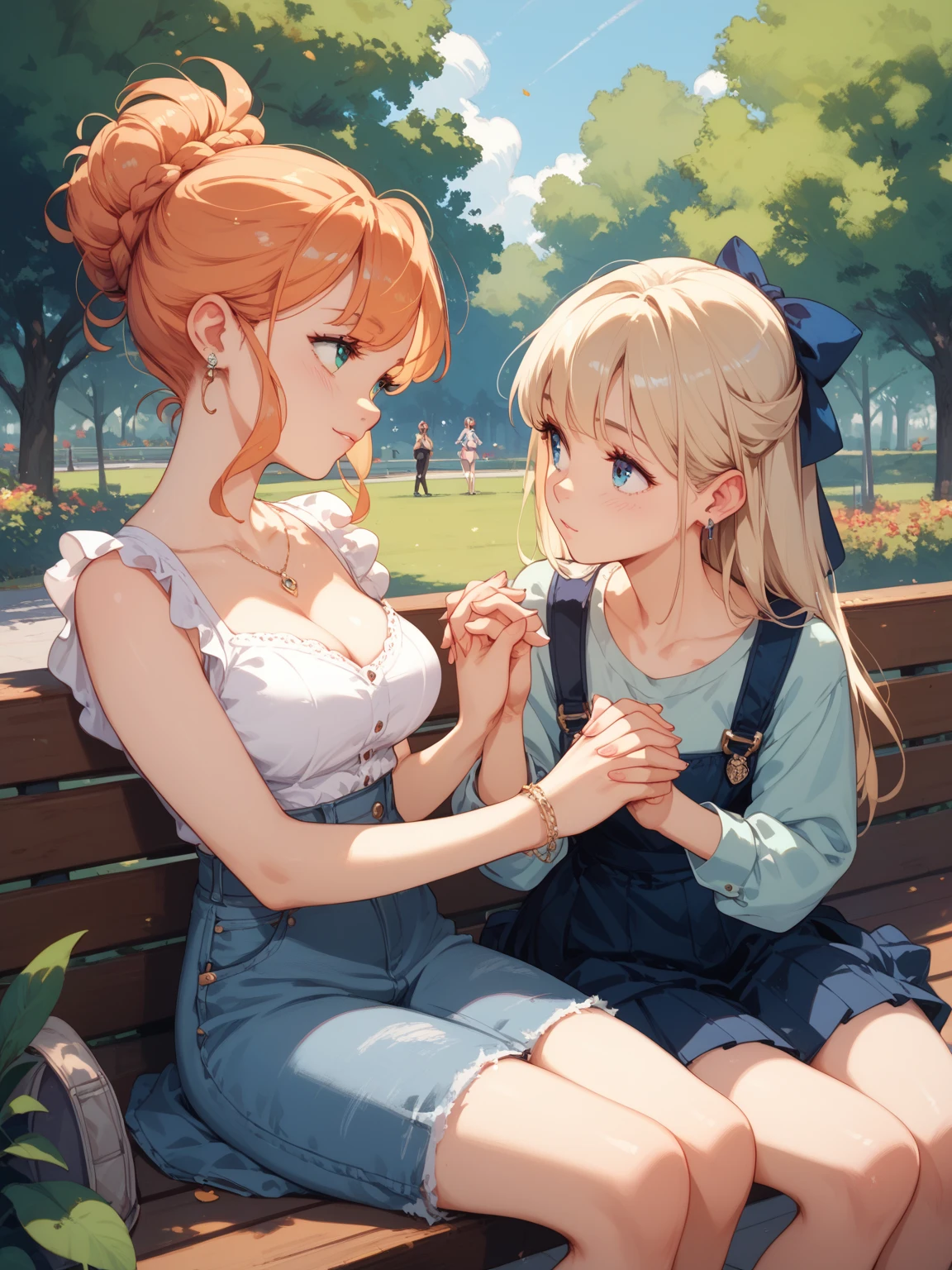 Spectacular anime style. In a park two women are sitting on a bench holding hands and looking into each other's eyes. Their story is a mystery. The image lets the viewer's imagination run wild. 