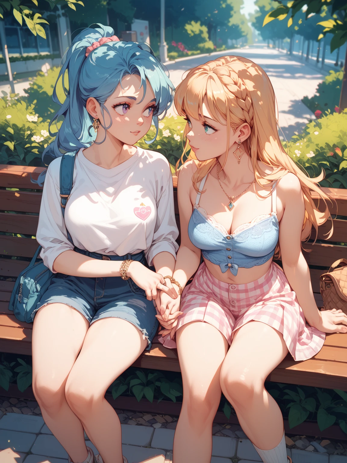 Spectacular anime style. In a park two women are sitting on a bench holding hands and looking into each other's eyes. Their story is a mystery. The image lets the viewer's imagination run wild. 