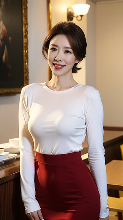 masterpiece,  top quality ,  realistic , 超 Details,  Details,  High Definition , 8k wallpaper, one beautiful woman, (from front:1.2)、Woman working at CAFE 、 slender figure、Slim waist、Wide hips、wife、50 years old、 realistic facial wrinkles:1.4、 elegant pixie cut hair、 brown hair ,  sharp concentration,  beautiful face、 Attention to Beautiful Details , Thin Hair,  Detailsでリアルな綺麗な肌の質感, smile,  natural makeup 、 Shiny Dark Red Lips 、Thick lips、Teacher-like costume 、plain long sleeve t-shirt 、 pencil skirt、 walking inside CAFE 、 cowboy shot showing shoulders、