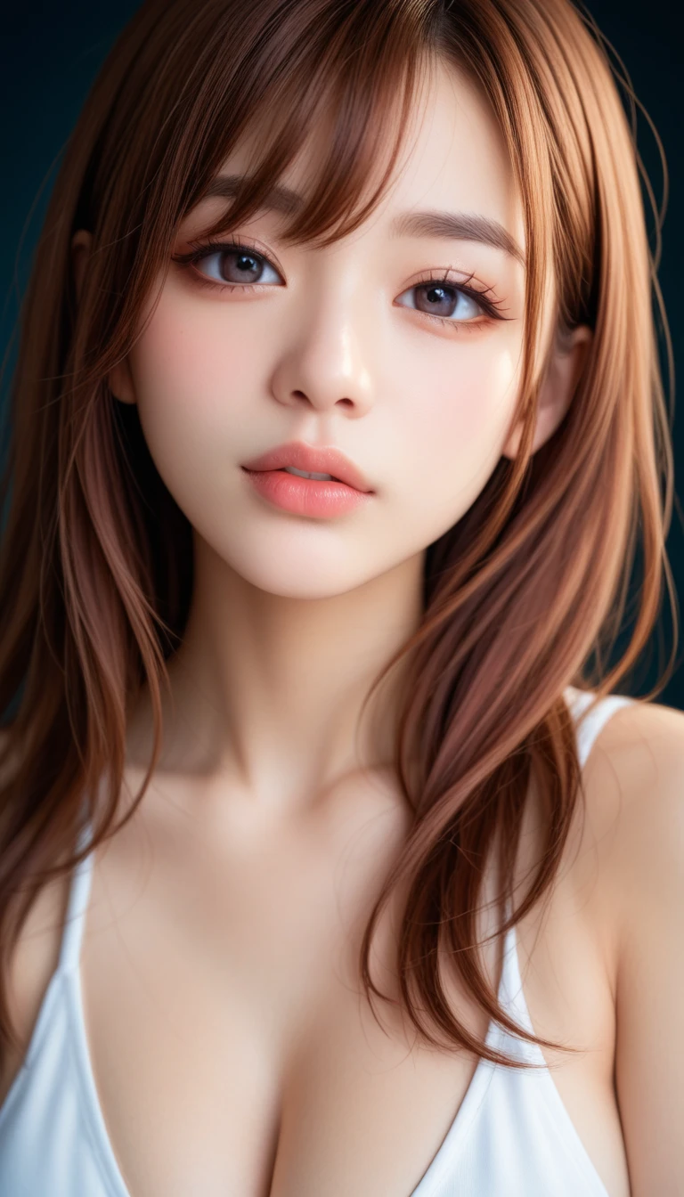 absurdres, 1girl, star eye, blush, (realistic:1.5), (masterpiece, Extremely detailed CG unity 8k wallpaper, best quality, highres:1.2), (ultra_detailed, UHD:1.2), (pixiv:1.3), perfect illumination, distinct, (bishoujo:1.2), looking at viewer, unreal engine, sidelighting, perfect face, detailed face, beautiful eyes, pretty face, (bright skin:1.3), idol, (abs), ulzzang-6500-v1.1, soft smile, upper body, (dark red hair), (simple background), ((dark background)), (depth of field), close-up, selfie