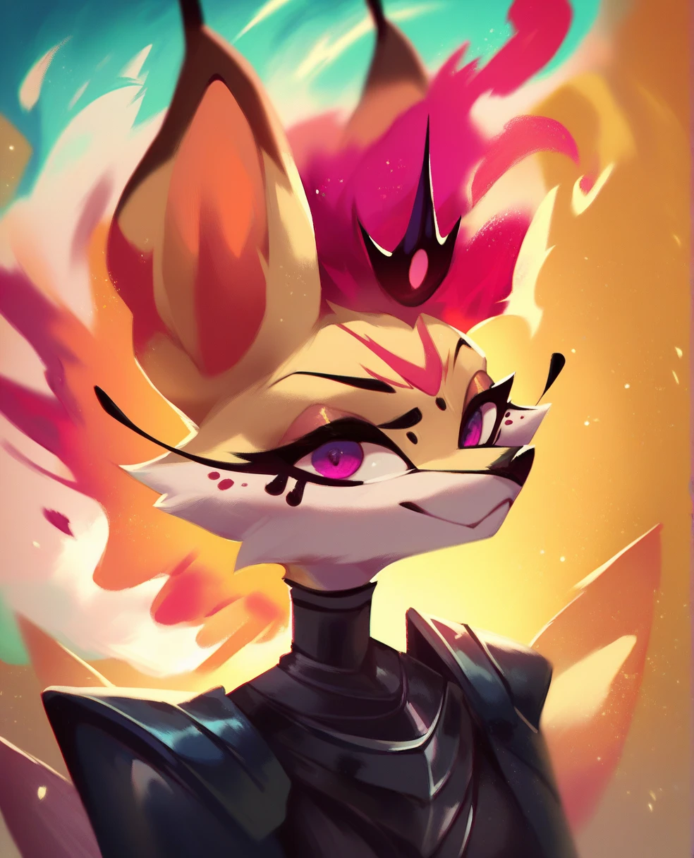 1 girl, Portrait, looking at viewer, fantasy, furry, anthro, fox, magic mane, Queen Bee, painting, black armored clothes, red-violet eyes, yellow long fantasy hair