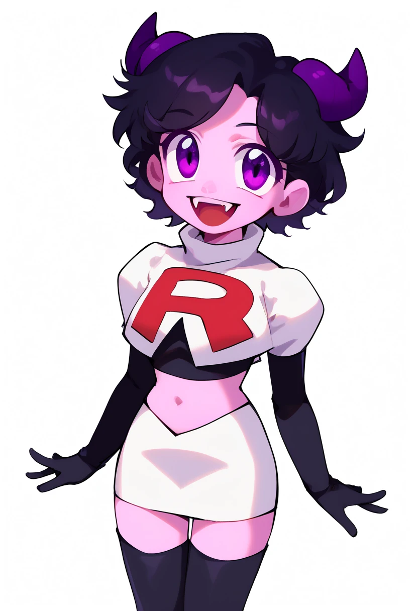 jellybean_yt, solo, looking at viewer, smile, short hair, open mouth, black hair, 1girl, white background, purple eyes, female focus, horns, teeth, colored skin, fangs, team rocket,team rocket uniform,white skirt,red letter R,crop top,black thigh-highs,black elbow gloves, source