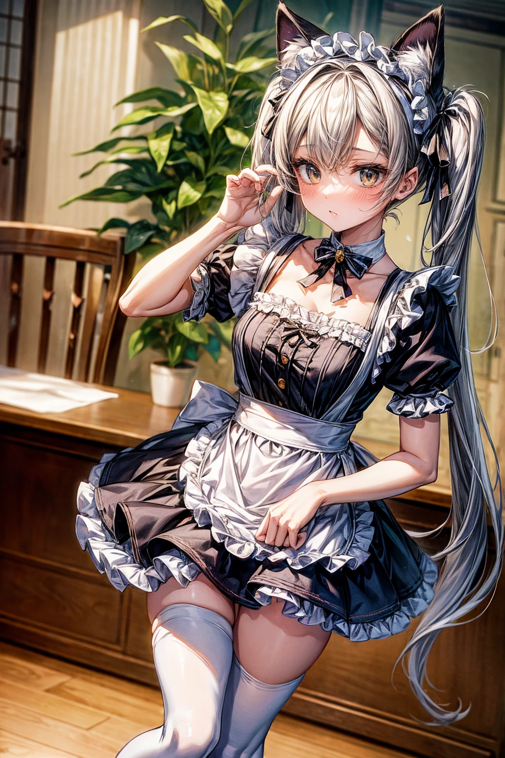 ((  Masterpiece  , top quality, 超 high definition,  high definition))、 One Woman 、blue long twin tails、French Maid、 miniskirt、 cat ear headband、 choker with bell、White tights、 absolute domain、 loafers without pants、The horizontal striped panties are slightly visible、 cat tail、Bright cafe terrace、Houseplants、Carrying a parfait 、 tsundere、Striped pants