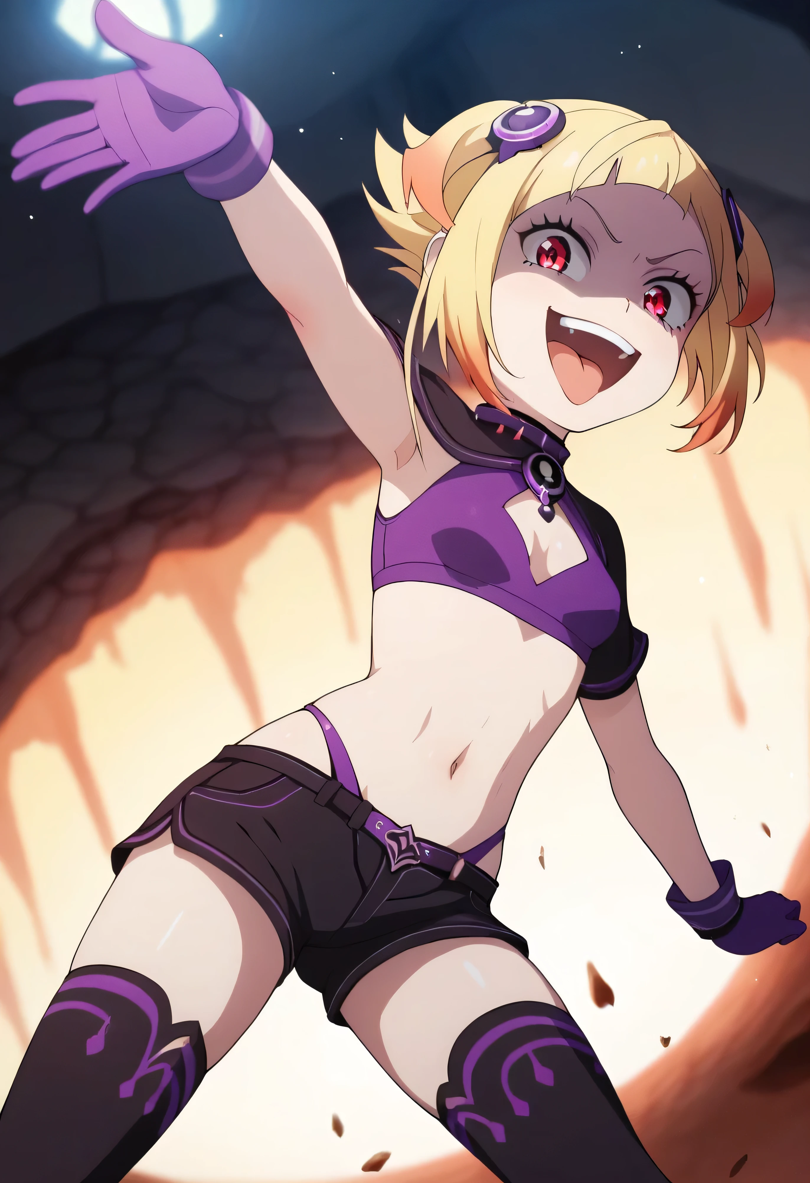 masterpiece, best quality, good quality, newest, CEL, AnFit, red eyes, blonde hair, purple crop top, 1girl, tongue out, black thighhighs, looking at viewer, purple gloves, cowboy shot, short shorts, black shorts, small breasts, highleg panties, hair ornament, , underwear, hand up, panty straps, smile, cleavage cutout, , open mouth, purple panties, two-tone , pink gloves, sidelocks, outline1girl, blonde hair,masterpiece , best quality, , lookin under, ,, smile, purple brassiere, from below,evil laugh, small girl,small loli,beautiful body,villain pose,short hair,shaded face(eyes in shadow),1girl,violence,attack,kick,hell background,