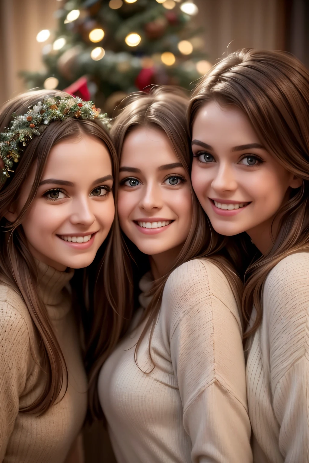 a happy group of 3 adorable girls, smiling and joyful, wearing Christmas outfits, detailed facial features, beautiful detailed eyes, beautiful detailed lips, extremely detailed facial expressions, intricate holiday decorations, sparkling lights, warm cozy atmosphere, vibrant colors, christmas tree, presents, snow, (best quality,4k,8k,highres,masterpiece:1.2),ultra-detailed,(realistic,photorealistic,photo-realistic:1.37),highly detailed, vivid colors, soft lighting, christmas theme, festive, beautiful girls, cheerful, holiday season