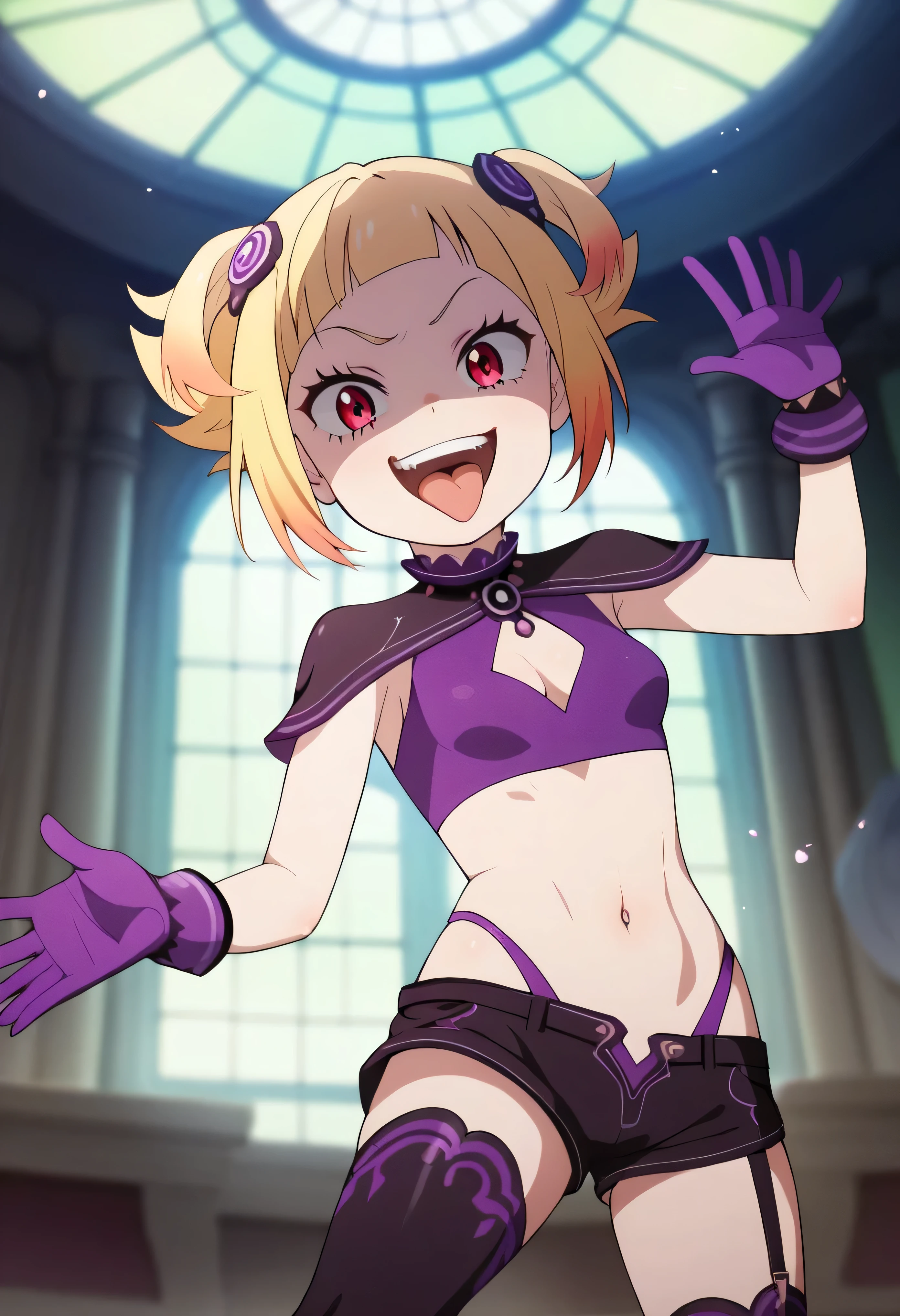 masterpiece, best quality, good quality, newest, CEL, AnFit, red eyes, blonde hair, purple crop top, 1girl, tongue out, black thighhighs, looking at viewer, purple gloves, cowboy shot, short shorts, black shorts, small breasts, highleg panties, hair ornament, , underwear, hand up, panty straps, smile, cleavage cutout, , open mouth, purple panties, two-tone , pink gloves, sidelocks, outline1girl, blonde hair,masterpiece , best quality, , lookin under, ,, smile, purple brassiere, from below,too evil laugh, small girl,small loli,beautiful body,villain pose,short hair,shaded face(eyes in shadow),1girl,violence,attack,kick,hell background,