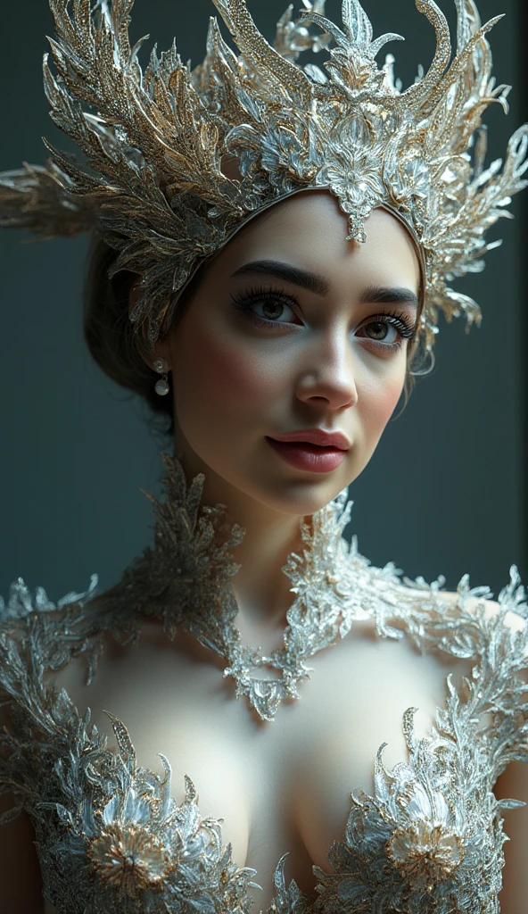 The goddess, winged tiara, silver laurel leaves, head to breast, silicone cybernetics. High Resolution, Masterpiece, Award Winning, Best Quality, High Details, High Quality, UHD, Optical Illusion, Impressionism, Art Deco, Cinematic, Cinematography, Futurism, Hyperrealism, Photorealistic, Unreal Engine, 