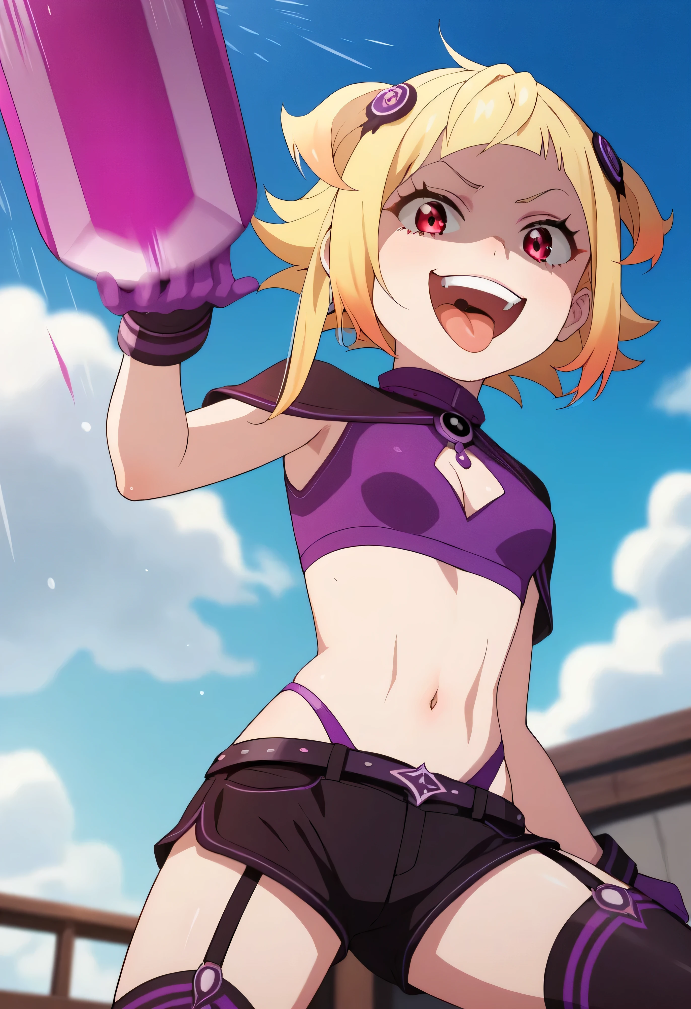 masterpiece, best quality, good quality, newest, CEL, AnFit, red eyes, blonde hair, purple crop top, 1girl, tongue out, black thighhighs, looking at viewer, purple gloves, cowboy shot, short shorts, black shorts, small breasts, highleg panties, hair ornament, , underwear, hand up, panty straps, smile, cleavage cutout, , open mouth, purple panties, two-tone , pink gloves, sidelocks, outline1girl, blonde hair,masterpiece , best quality, , lookin under, ,, smile, purple brassiere, from below,too evil laugh, small girl,small loli,beautiful body,villain pose,short hair,shaded face(eyes in shadow),1girl,violence,attack,kick,evil darkness background,