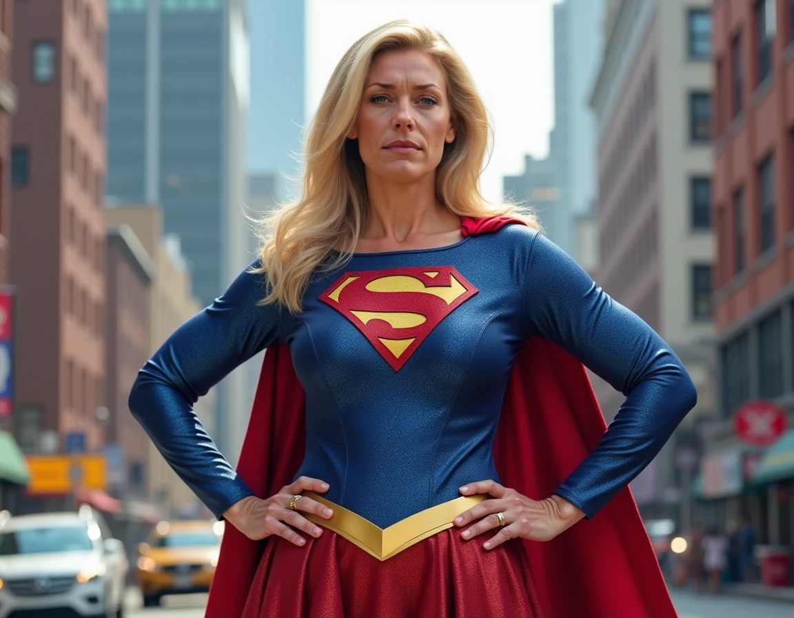 strong/powers sexy woman Julie Hagerty Supergirl 1984s DC comics costume; big and strong breasts. HD. Photograph, ((realism)), extremely high quality RAW photograph, ultra detailed photograph, sharp focus, high resolution, (detailed skin:1,3),high quality, film grain, Fujifilm XT3,Highly Detailed, movie, (Cinematic Photo:1.3) of (Realistic:1.3)