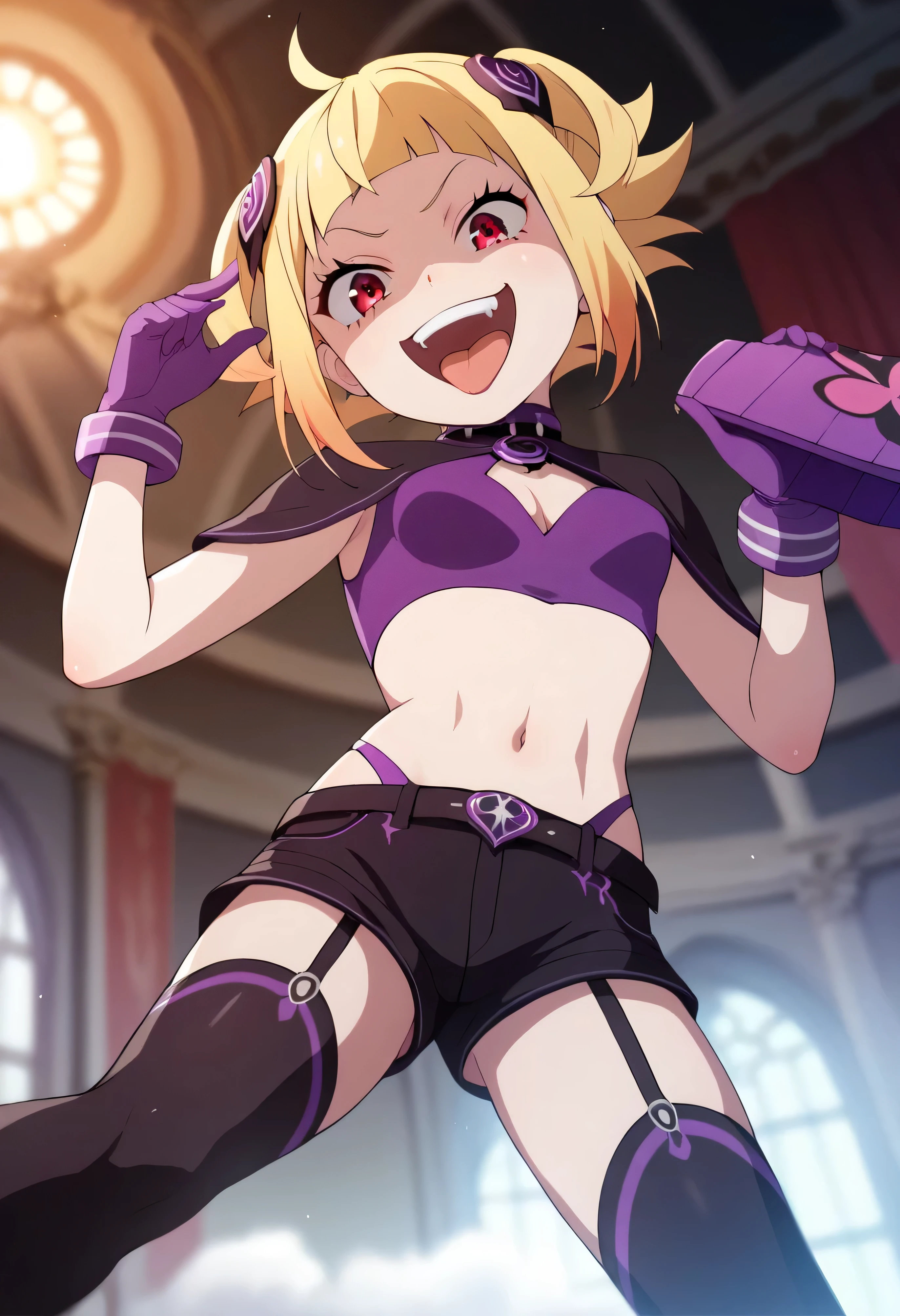 masterpiece, best quality, good quality, newest, CEL, AnFit, red eyes, blonde hair, purple crop top, 1girl, tongue out, black thighhighs, looking at viewer, purple gloves, cowboy shot, short shorts, black shorts, small breasts, highleg panties, hair ornament, , underwear, hand up, panty straps, smile, cleavage cutout, , open mouth, purple panties, two-tone , pink gloves, sidelocks, outline1girl, blonde hair,masterpiece , best quality, , lookin under, ,, smile, purple brassiere, from below,too evil laugh, small girl,small loli,beautiful body,villain pose,short hair,shaded face(eyes in shadow),1girl,violence,attack,kick,evil darkness background,