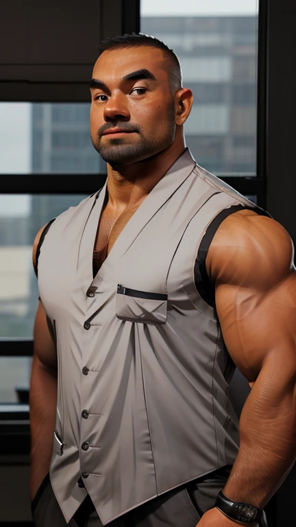 an exaggeratedly muscular, tall and large bald bodyguard, beefy build, mandala tattooes on upper arms, asian mixed race, (wearing sleeveless grey business casual vest: 1.2), name tag, (bara pecs: 1.3), (arm and chest hair: 1.1), close-up portrait HD, bright corporate office with large windows