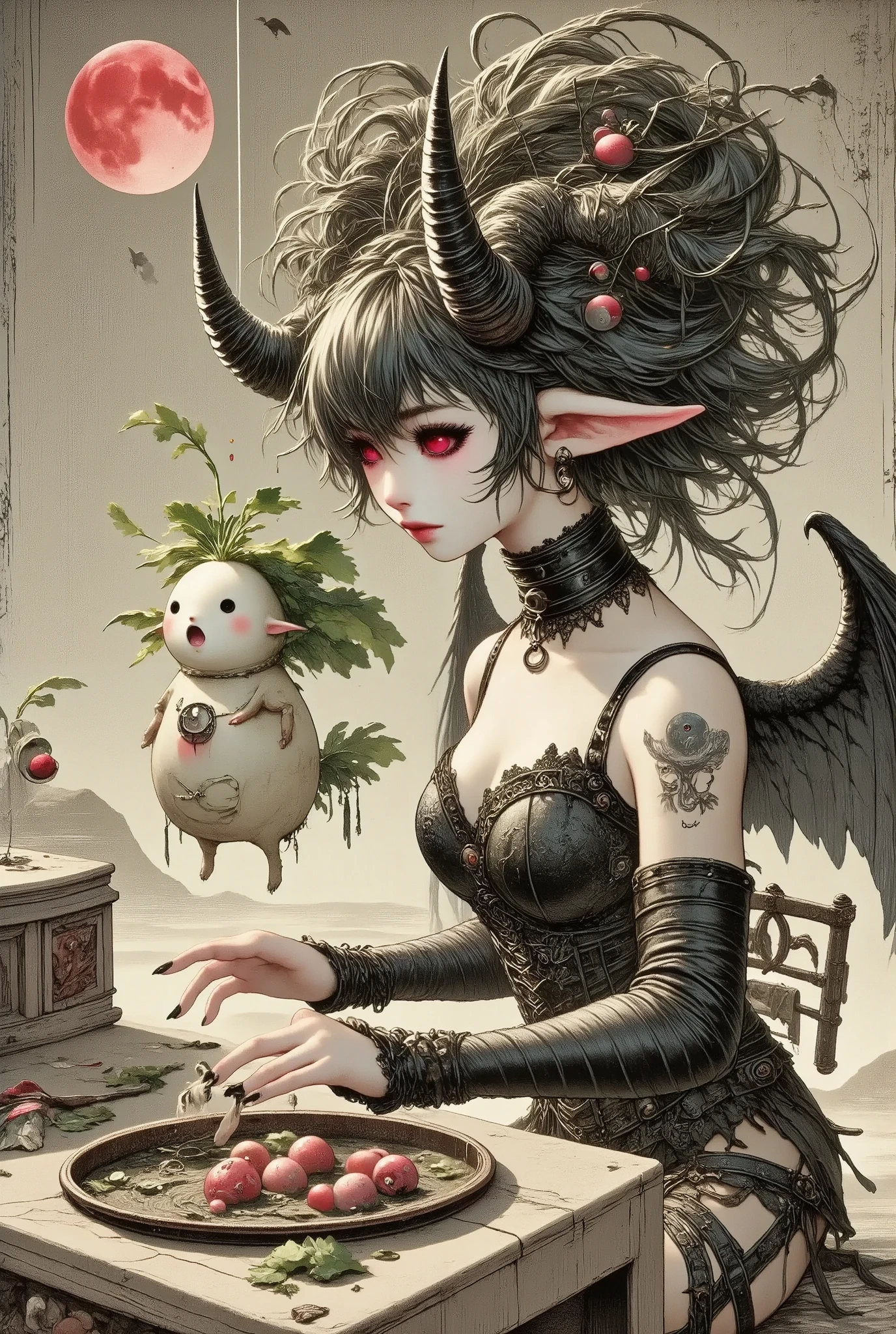 (Ultra-detailed face, Looking away, Fantasy Illustration with Gothic. Dark tone colors.), BREAK 
(The red moon rises over the great hall of Devil's Castle, and daikon flits about. A young succubus lies in a daring pose on a sumptuous sofa in the queen's chambers, holding a daikon and french kissing it cuddly.), BREAK 
(She has jet-black hair and eyebrows, blunt bangs, ground-length messy hair, glowing red eyes with yellow stars, small pink lips, pale skin, and dark, thick eyeliner.), BREAK 
(She wears a tiara with a skull motif and a black leather chukar. She wears a high-leg bodysuit of lace fabric made of raven feathers and embroidered with red thread, and stocking boots with braided red laces. On her back she has a pair of large raven-like wings.)