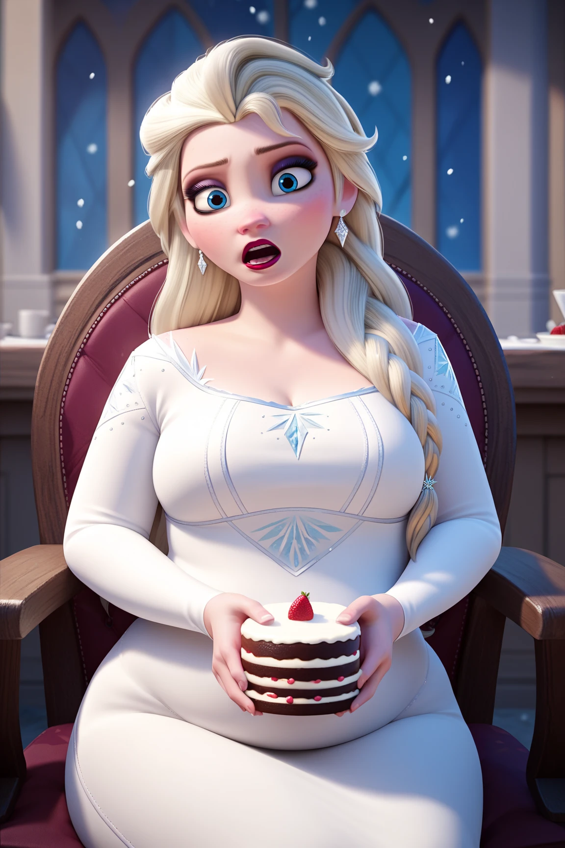 score_9, score_8_up, score_7_up, score_6_up, score_5_up, score_4_up, BREAK
1girl, Tall elsa \(frozen\), Tall Height, Prominent Neck, got chubby, blonde hair, hair over shoulder, long hair, blue eyes, long nose,
makeup, white tight dress, surprised, focused eyes, red lips, looking at stomach, eating a cake, POV,
hand on belly, straight nose, snowing, sit on the chair, close up, Arendelle streets background  