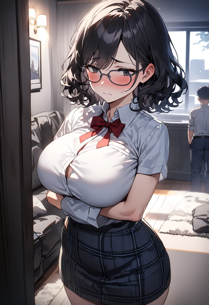 1 Japanese girl, glasses, blush, angle from the side, (slim body:1.2), (huge breasts:1.1), short hair, black hair, school uniform, white long sleeve shirt, pleated skirt, (black tights:1.1),