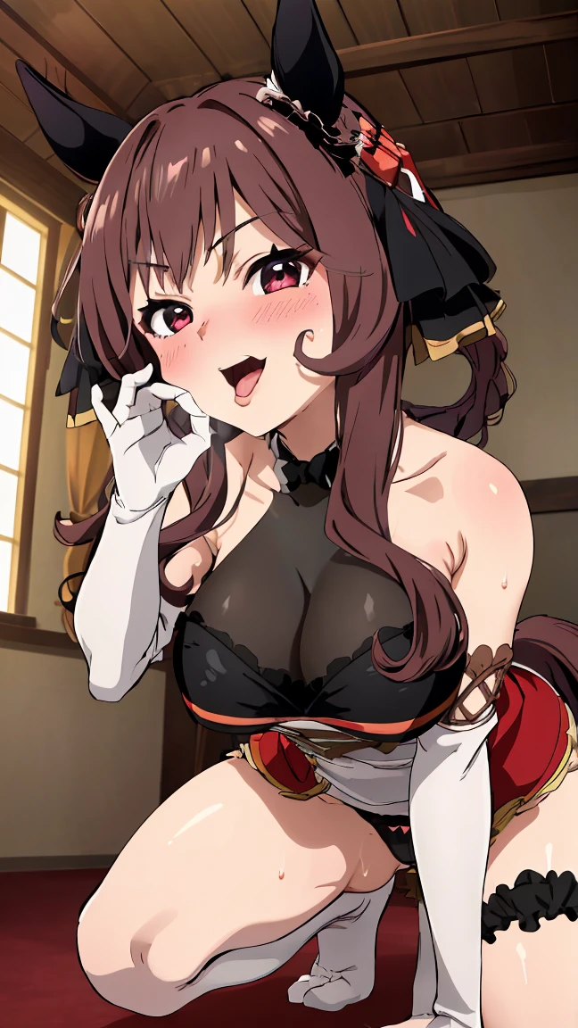 (8k, Raw photography, ​masterpiece, top-quality, Hi-Res, Ultra-Details, anime), super detailed skin, Beautiful detailed eyes, (beautiful loli), Umamusume, curled hair, horse ears, horse tail, 1 woman, great breast, topless, bare breast, lace black panties, (Sweat, blush, Open mouth), Her Room, designed tight, evil smile, looking down, steam, sweat, bikini, criss-cross halter squatting, fellatio gesture, open legs, cum on face:1.2