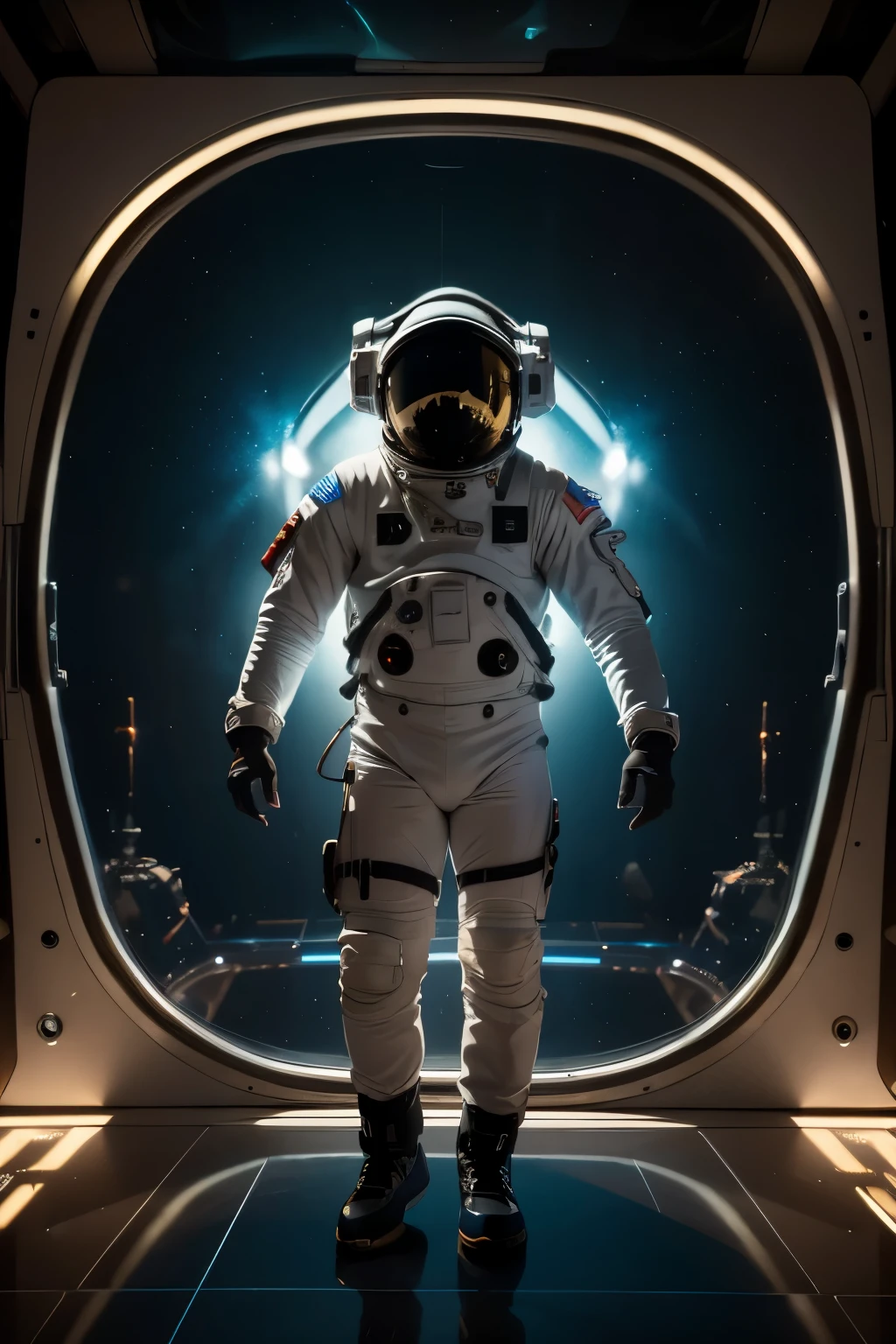 A highly detailed astronaut floating in a futuristic space station, hyperrealistic, intricate machinery, glowing holographic displays, sleek metallic surfaces, dramatic lighting, cinematic composition, vivid colors, 8K, photorealistic