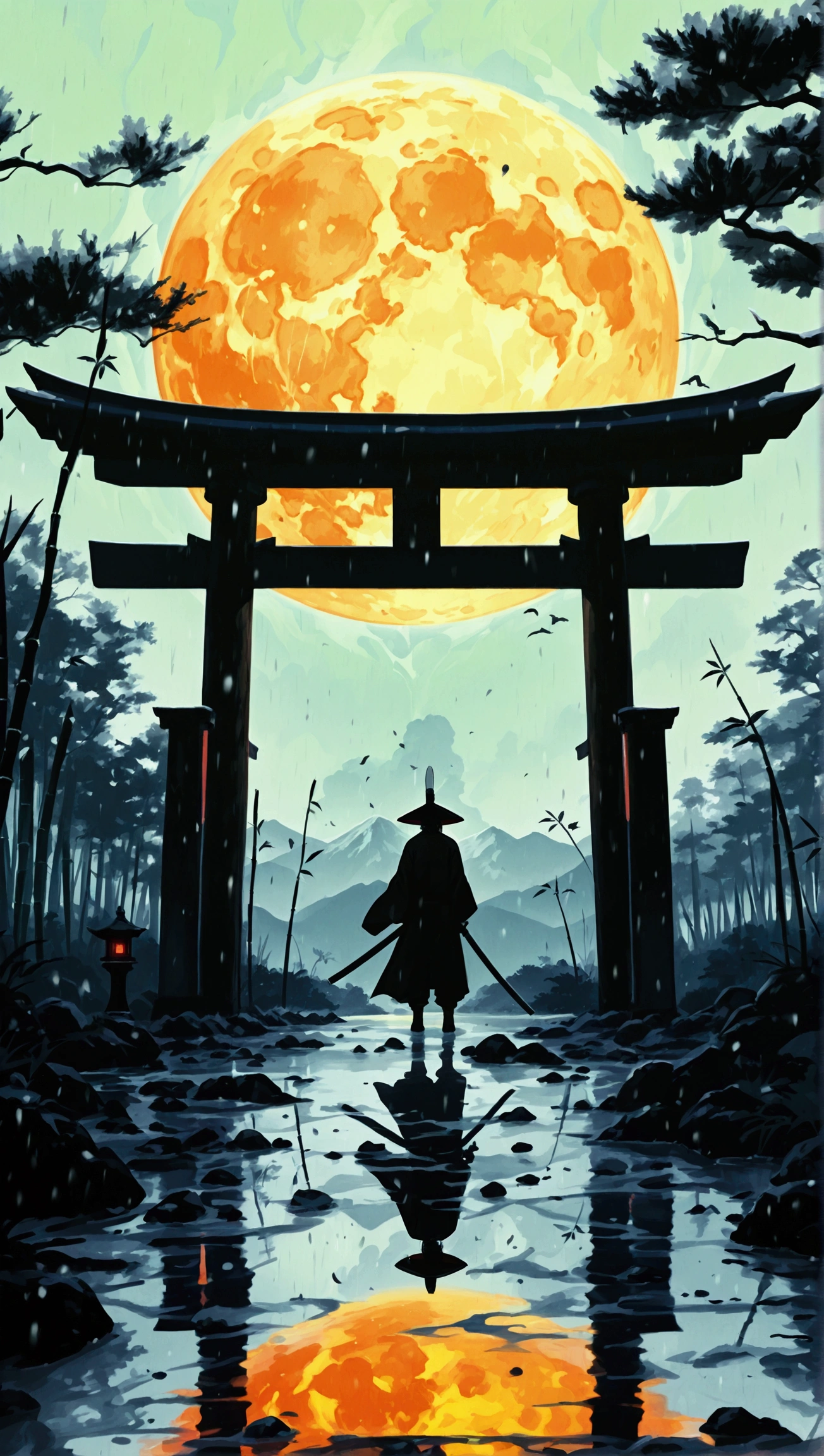 A cinematic depiction of a shadowy samurai figure standing dramatically under a glowing moon. The samurai is composed entirely of shadows, with tendrils of darkness flowing from its form, set in a misty traditional Japanese landscape. The background includes a dimly lit torii gate, scattered bamboo trees, and subtle light reflections on wet ground, creating a mysterious and atmospheric scene. The style is highly detailed, with a focus on dramatic lighting and composition, evoking a sense of mystique and intensity.