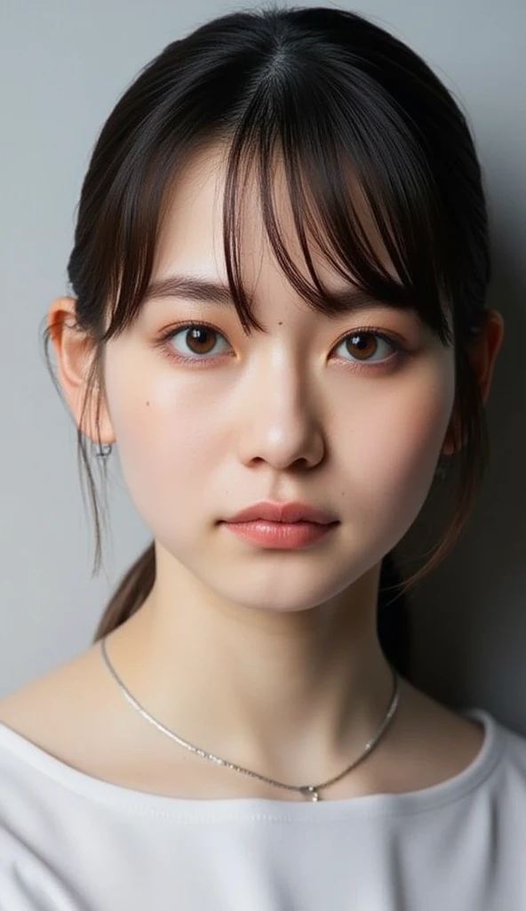  1 girl、Photo Mapping、Physically based rendering、 high image quality、 High Definition 、1080P、( beautiful face)、(Detailed description of the face)、( Detailed description of the hand setter&#39;Muscle area)、( CG in detail)、 rich details 、( Stunning Features :1.35)、( detail eyes)、 of cute ladies are looking forward to your eyes、Delicate clavicle、 Various Poses、 A very realistic and detailed upper body portrait of a young woman。The skin is beautiful、 soft light reflecting high on her cheeks .、 Tiny pores and hair follicles、 You can see even the thinnest blood vessels 。The skin is smooth、natural flushing of cheeks 、Healthy glow。 The eyes are large and clear blue、Her iris has fine patterning、 Light is reflecting and shining in the eye。 There is a slight shadow under her eye 、 Her eyelashes are long and naturally curled。 her lips are soft pink 、Smooth texture with a natural glow、 Slightly reflects light。  the woman wears a simple white top  .、 background is pale black and white gradation .、 The focus is entirely on the face and upper body。 Realistic shadows and textures、 picture-like depiction.。
