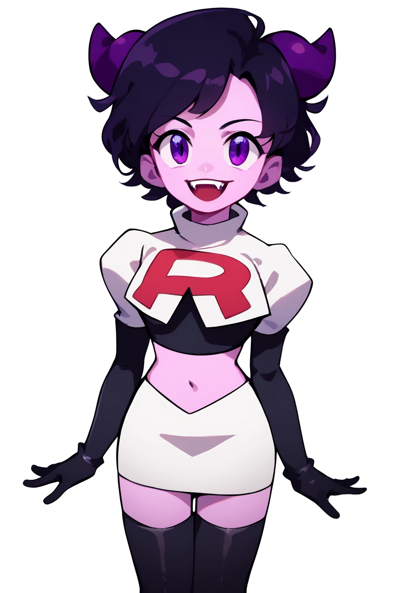 jellybean_yt, solo, looking at viewer, smile, short hair, open mouth, black hair, 1girl, white background, purple eyes, female focus, horns, teeth, colored skin, fangs, team rocket,team rocket uniform,white skirt,red letter R,crop top,black thigh-highs,black elbow gloves, source