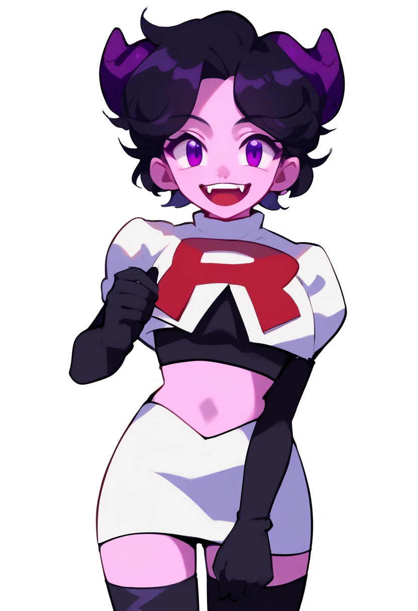 jellybean_yt, solo, looking at viewer, smile, short hair, open mouth, black hair, 1girl, white background, purple eyes, female focus, horns, teeth, colored skin, fangs, team rocket,team rocket uniform,white skirt,red letter R,crop top,black thigh-highs,black elbow gloves, source