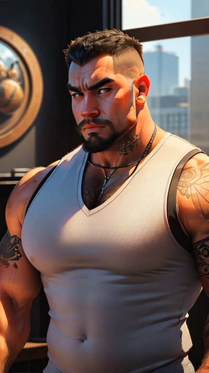 Cinematic soft lighting illuminates a stunningly detailed and ultra-realistic hyper muscular rough handsome James Vega of Mass Effect, ((wearing a open military light jacket with no sleeves)), revealing two large solid-black tribal tattoos that started at his chest and snaked around his arms, ((military pants)), chin dimple, Bara, the champion from League of Legends, with big arms,biceps, big waist round, meticulous muscle definition, big pecs, tan skin, that is trending on ArtStation. Octane is the perfect tool to capture the softest details of this 16k photography masterpiece