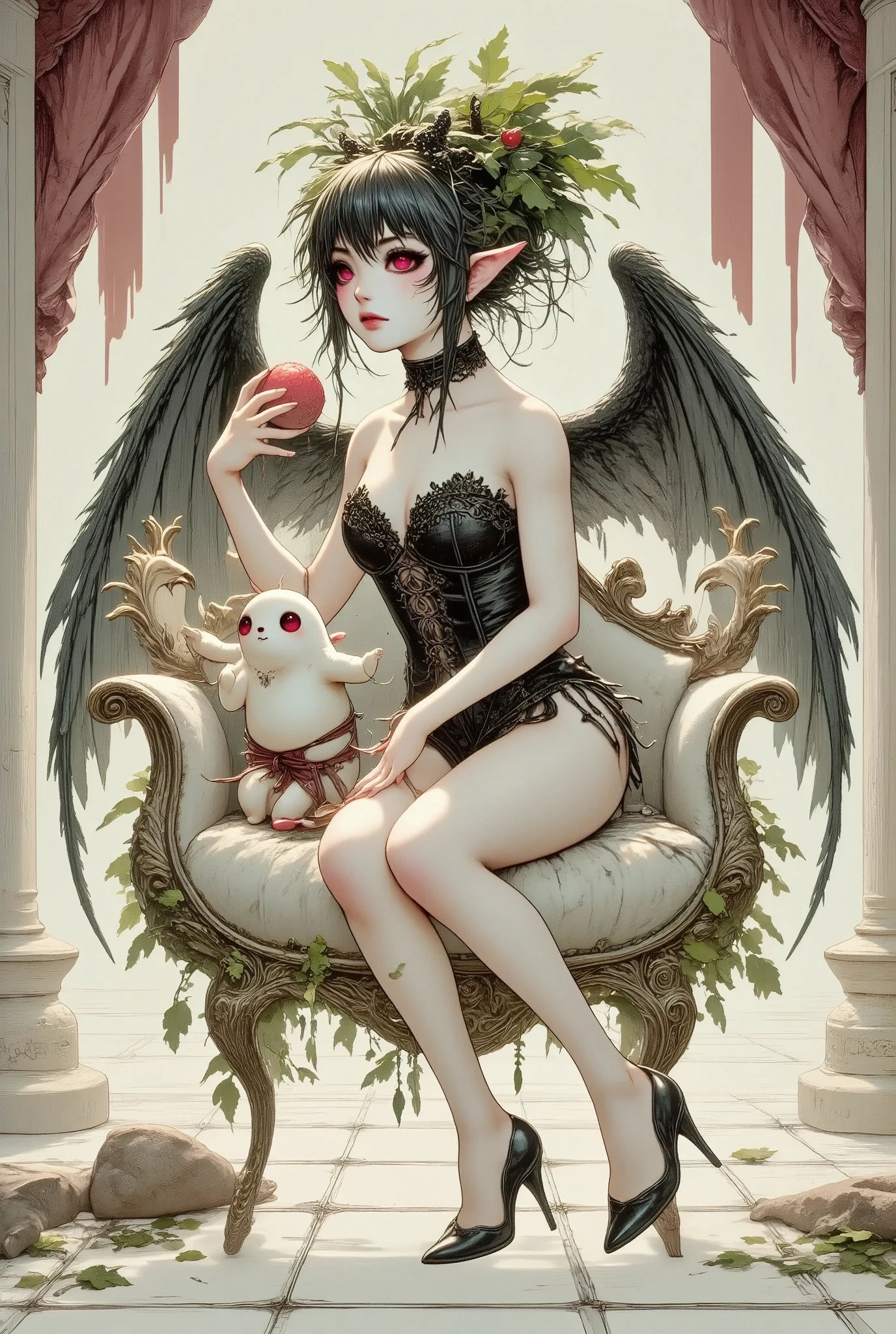 (Ultra-detailed face, Looking away, Fantasy Illustration with Gothic. Dark tone colors.), BREAK 
(The red moon rises over the great hall of Devil's Castle, and daikon flits about. A young succubus lies in a daring pose on a sumptuous sofa in the queen's chambers, holding a daikon and french kissing it cuddly.), BREAK 
(She has jet-black hair and eyebrows, blunt bangs, ground-length messy hair, glowing red eyes with yellow stars, small pink lips, pale skin, and dark, thick eyeliner.), BREAK 
(She wears a tiara with a skull motif and a black leather chukar. She wears a high-leg bodysuit of lace fabric made of raven feathers and embroidered with red thread, and stocking boots with braided red laces. On her back she has a pair of large raven-like wings.)