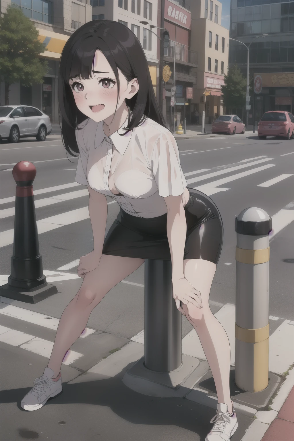 a woman, drooping eyes, shame smile, blush, getting orgasm face, whole body, small breasts, pencil skirt, ((round face)), standing, straddling ((an exposed bollard that is standing on the ground to hit her crotch)), on the sidewalk in front of game arcade, see through tops with (her erect nipples:0.8), 