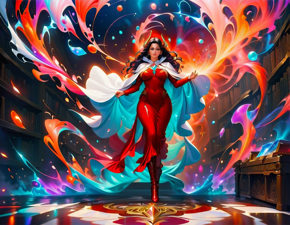 a masterwork picture of a sorceress casting a spell in magical library, exquisite beautiful woman, black hair color, dynamic hair style, ((full body shot: 1.5)), ((anatomically correct: 1.5)),  (ultra detailed face: 1.5), best detailed face,  high details, best quality, 16k, (long red dress: 1.2), (white cloak: 1.3), high heeled boots (ultra details, Masterpiece, best quality) masterpiece, best quality, (extremely detailed), full body, ultra wide shot, (ultra details, Masterpiece, best quality), fantasy art, dnd art,fantasy art, realistic art,  (ultra details, Masterpiece, best quality), (ultra details, Masterpiece, best quality), IceMagicAI, Hyperrealism style, rpg portrait
photograph