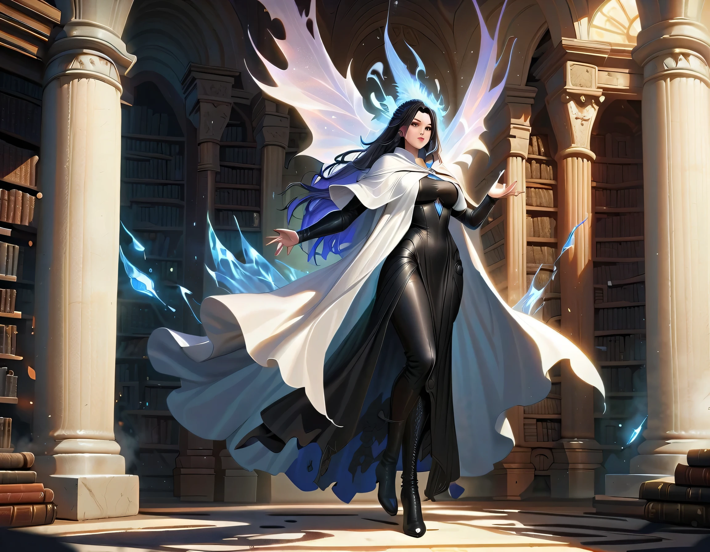 picture of a sorceress casting a spell in magical library, exquisite beautiful woman, dynamic hair color, dynamic hair style, ((full body shot: 1.5)), ((anatomically correct: 1.5)),  (ultra detailed face: 1.2), best detailed face,  high details, best quality, 16k,  (long black dress: 1.2), (white cloak: 1.3), high heeled boots (ultra details, Masterpiece, best quality) masterpiece, best quality, (extremely detailed), full body, ultra wide shot, (ultra details, Masterpiece, best quality), fantasy art, dnd art,fantasy art, realistic art,  (ultra details, Masterpiece, best quality), (ultra details, Masterpiece, best quality), IceMagicAI, Hyperrealism style, rpg portrait
photograph