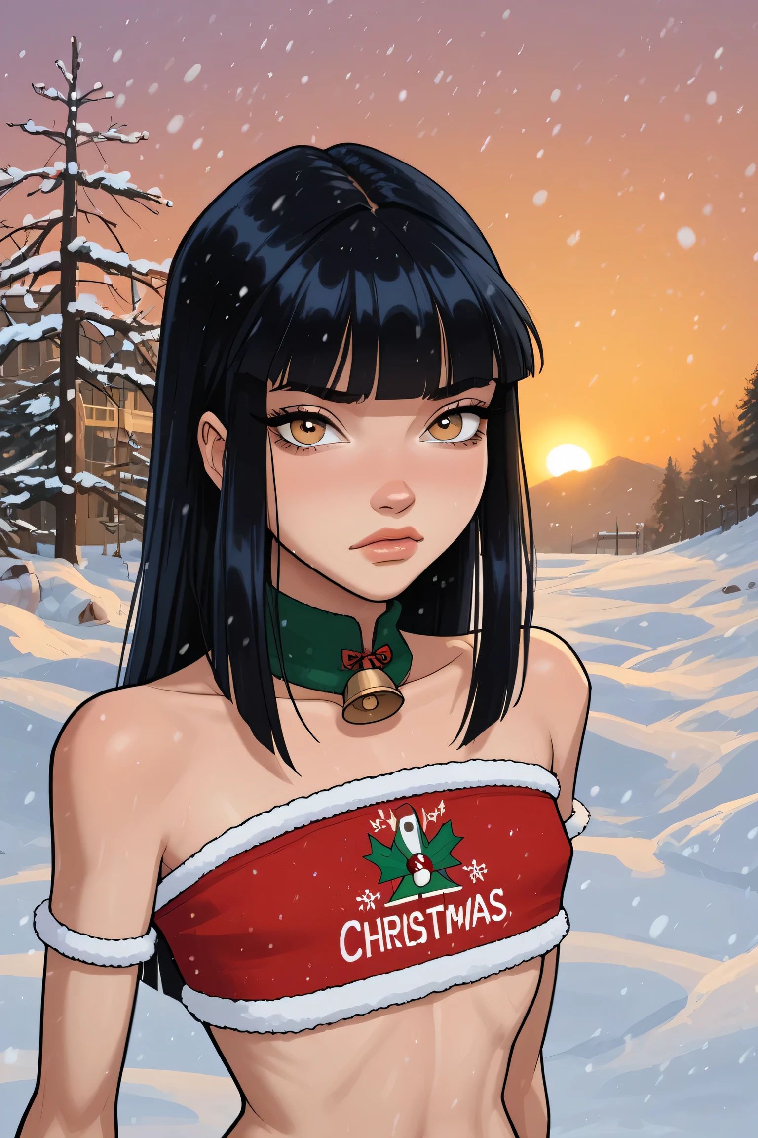 1 girl,  annoying expression , (Olive light eyes ) ( small cropped top:1.4),  Christmas, Cold and Snow ,  dark hair, hime cut,  Looking at the viewer , ,  session, small chest, ( small and thin body ), retrato. (sunset:1.4),  score_9,  score_8_above,  score_7_above. W1nx, artstyle.