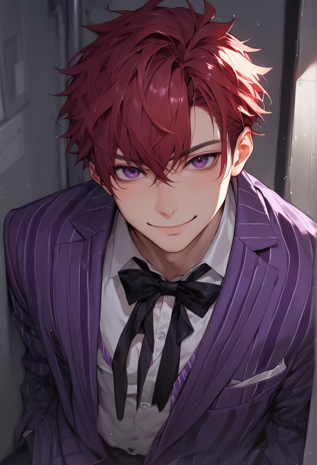 solo, 1 boy, 20-years old man, handsome face, red hair, dark purple eyes, Purple striped suit with bow tie(purple), looking at viewer, solitary confinement in a mental hospital, young man, handsome face, hentai smile, masculine face