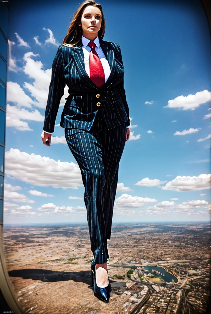 Looking up at the approaching young giantess, Giantess art, 500 miles tall giga giantess, young sophisticated and stylish woman in a black italian pinstriped trouser suit, form fitting crisp office shirt, and a large wide yellow necktie in a windsor knot, with a beautiful, curvaceous figure, large natural breasts, and long wavey blonde hair, with a curvaceous figure and massive breasts. wearing blue rounded court high heels with uncovered feet and standing, rampage-like pose, with a city skyscrapers background of mega-city, skyscapers, partially obscured by a hazy, cloudy atmosphere. The image is a high-resolution, masterpiece-quality, cinematic, ultra-detailed, and hyper-photorealistic photograph, with perfect hands, face, and lighting. ultra-detailed, 8K, photo-realistic, hyper-realistic, masterpiece, intricate details, full body view. Looking at camera, The image is a high-resolution, masterpiece-quality, cinematic, ultra-detailed, and hyper-photorealistic photograph, with perfect hands, face, and lighting. ultra-detailed, 8K, photo-realistic, hyper-realistic, masterpiece, intricate details,