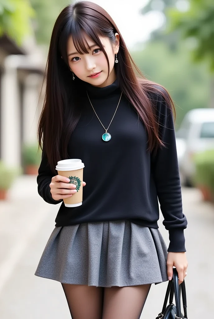  One girl ,  pantyhose,  skirt, gem, smile, bag,  long hair,  eyes closed ,  holding, Alone, Brown Hair, Black shoes,  necklace,  sweater , Cafe, black  sweater ,  Long Sleeve , cup,  earrings for women with first name,  turtleneck,  holding bag,  holding cup, disposable cup,  viewers facing each other,  standing,  full body ,  turtleneck  sweater , handbag, brown  pantyhose, road, black  pantyhose, grey  skirt, day,  walking , break ( EXTREMELY EXQUISITE FLORAL LACE EMBROIDERY PANTY , Sheer panties, Light colored panties :1), ( pussy focus ,Binding,bondage, standing on one leg, raises one leg below the foot, grab your own chest :0.95), break ( beautiful、long、 Thin thighs stretched straight from small hips:1.3), break extreme close-up thighs, watercolor, reflection,   Careful Makeup  ,  ray tracing ,  dynamic angle ,  depth of field, ( wind blows, Vegetation and  skirt and hair fluttering in the wind), Cowboy Shot ,,(( topless、Nipples:1.3))