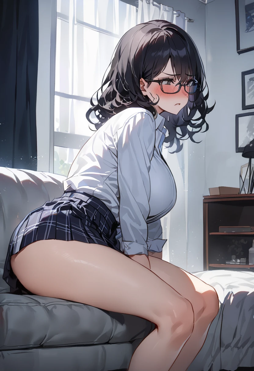 newest,nsfw,1girl,solo,White shirt ,black skirt ,thin, black stockings, red eyes, short hair, black hair, glasses, sitting on floor,blush,scared,from below,wetting self,, (masterpiece, best quality), extremely detailed