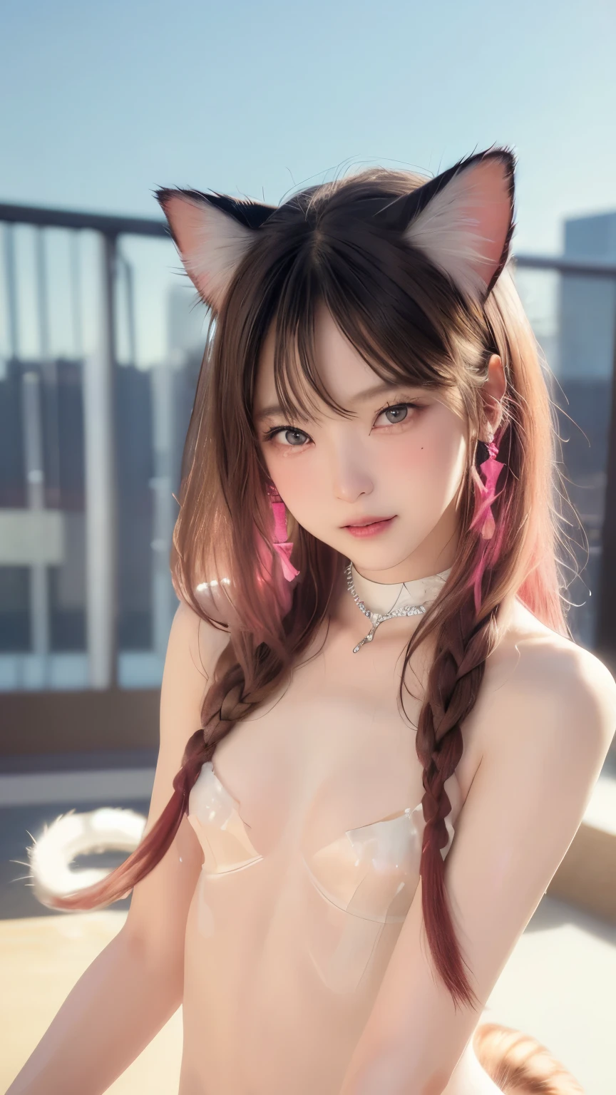 Highest quality、Masterpiece、(((Thick fog of darkness、Black forest、ruins、torii)))、A Japanese naked demon beauty、Cover your chest with your hands(((((small two horns)))))、Black micro bikini lingerie、Cute lower body、Sexy angle