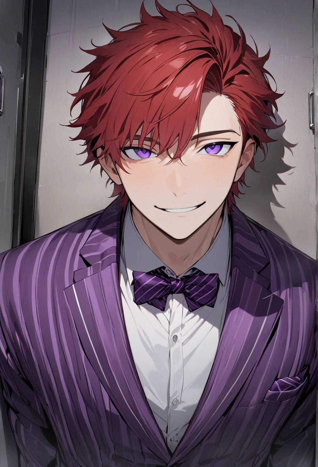 (Masterpiece, high resolution, best quality), solo, 1 boy, 20-years old man, cute, handsome face, red hair, dark purple eyes, Purple striped suit with bow tie, looking at viewer, solitary confinement in a mental hospital, young man, handsome face, eyes smiled, horny