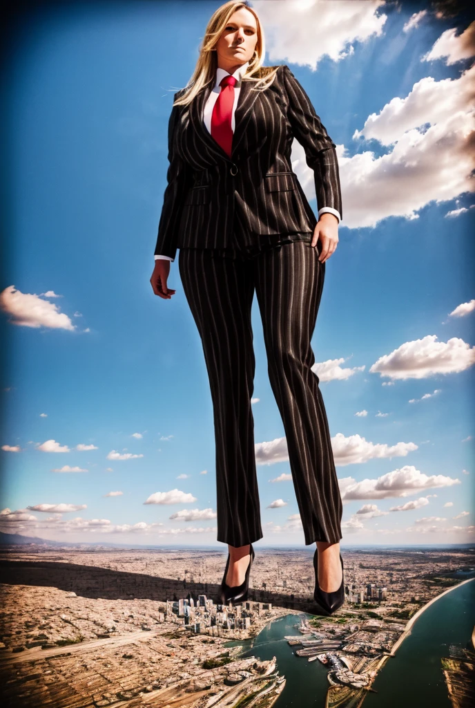 Looking up at the approaching young giantess, Giantess art, 500 miles tall giga giantess, young sophisticated and stylish woman in a black italian pinstriped trouser suit, form fitting crisp office shirt, and a large wide yellow necktie in a windsor knot, with a beautiful, curvaceous figure, large natural breasts, and long wavey blonde hair, with a curvaceous figure and massive breasts. wearing blue rounded court high heels with uncovered feet and standing, rampage-like pose, with a city skyscrapers background of mega-city, skyscapers, partially obscured by a hazy, cloudy atmosphere. The image is a high-resolution, masterpiece-quality, cinematic, ultra-detailed, and hyper-photorealistic photograph, with perfect hands, face, and lighting. ultra-detailed, 8K, photo-realistic, hyper-realistic, masterpiece, intricate details, full body view. Looking at camera, The image is a high-resolution, masterpiece-quality, cinematic, ultra-detailed, and hyper-photorealistic photograph, with perfect hands, face, and lighting. ultra-detailed, 8K, photo-realistic, hyper-realistic, masterpiece, intricate details,