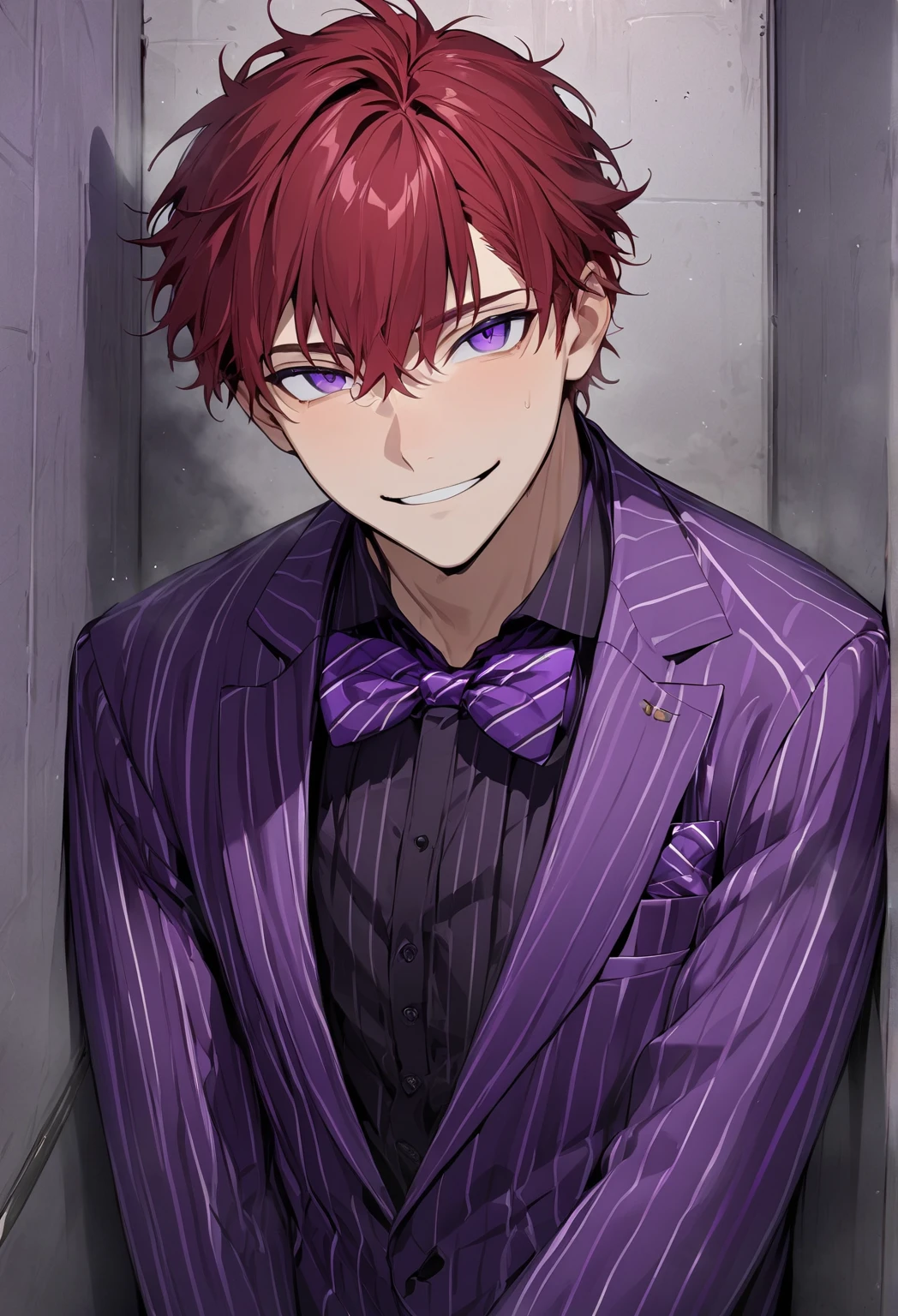 (Masterpiece, high resolution, best quality), solo, 1 boy, 20-years old man, handsome face, red hair, dark purple eyes, Purple striped suit with bow tie(purple), looking at viewer, solitary confinement in a mental hospital, young man, handsome face, eyes smiled, horny