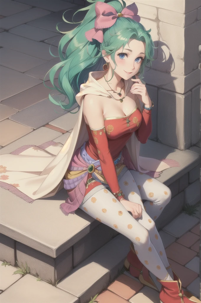 masterpiece,  top quality ,  Tina Branford,  green hair sitting on the alley steps , Cape,  earrings for women with first name,  Red Dress , Separate sleeves,  hair bow, Clothes around the waist,  print legwear,  Watch Viewers,   closed mouse, smile,  Raise a casual sweater that's too big , glass 