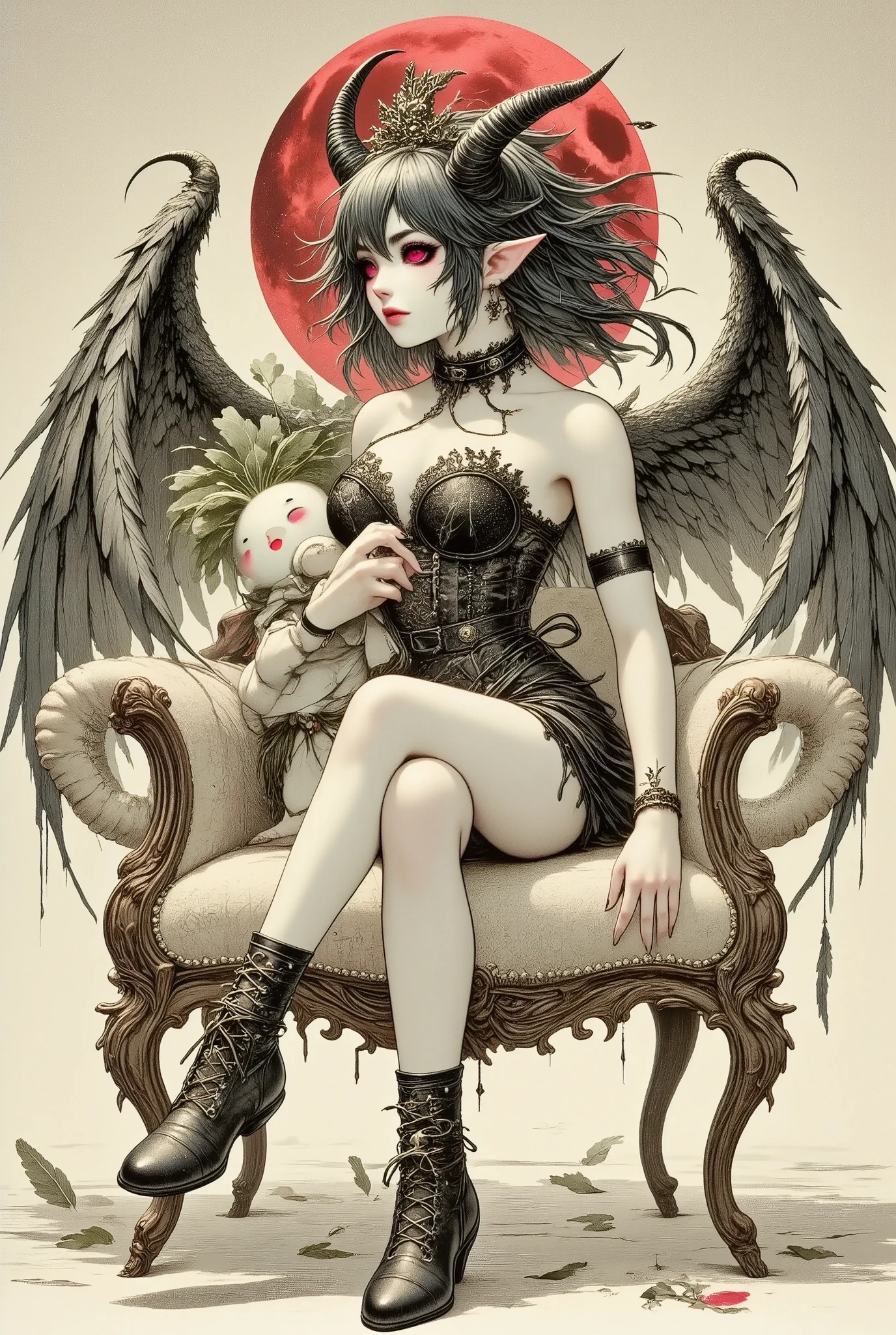 (Ultra-detailed face, Looking away, Fantasy Illustration with Gothic. Dark tone colors.), BREAK 
(The red moon rises over the great hall of Devil's Castle, and daikon flits about. A young succubus lies in a daring pose on a sumptuous sofa in the queen's chambers, holding a daikon and french kissing it cuddly.), BREAK 
(She has jet-black hair and eyebrows, blunt bangs, ground-length messy hair, glowing red eyes with yellow stars, small pink lips, pale skin, and dark, thick eyeliner.), BREAK 
(She wears a tiara with a skull motif and a black leather chukar. She wears a high-leg bodysuit of lace fabric made of raven feathers and embroidered with red thread, and stocking boots with braided red laces. On her back she has a pair of large raven-like wings.)