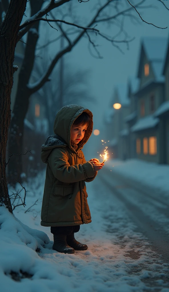 A poor child with a match in his hand warming himself in snowy weather
