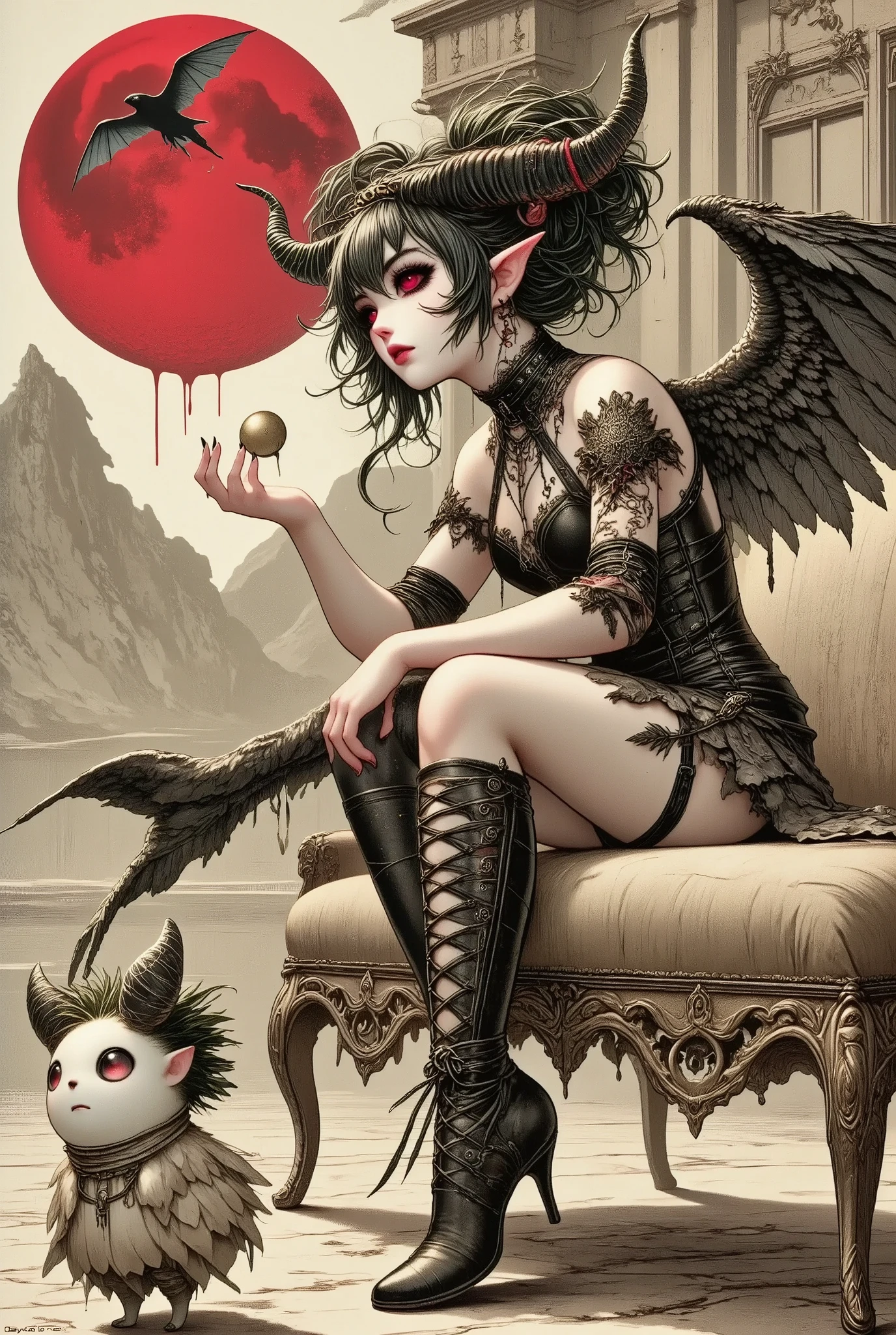 (Ultra-detailed face, Looking away, Fantasy Illustration with Gothic. Dark tone colors.), BREAK 
(The red moon rises over the great hall of Devil's Castle, and daikon flits about. A young succubus lies in a daring pose on a sumptuous sofa in the queen's chambers, holding a daikon and french kissing it cuddly.), BREAK 
(She has jet-black hair and eyebrows, blunt bangs, ground-length messy hair, glowing red eyes with yellow stars, small pink lips, pale skin, and dark, thick eyeliner.), BREAK 
(She wears a tiara with a skull motif and a black leather chukar. She wears a high-leg bodysuit of lace fabric made of raven feathers and embroidered with red thread, and stocking boots with braided red laces. On her back she has a pair of large raven-like wings.)