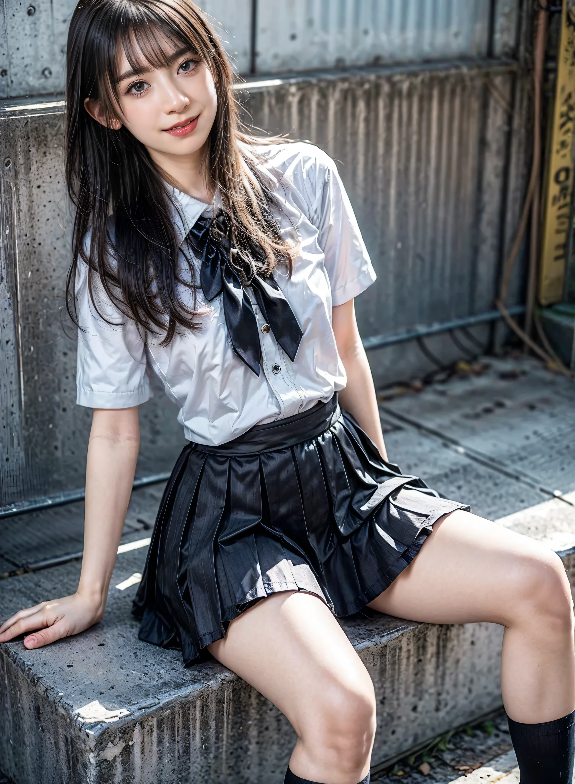 arafed asian woman in a skirt and a white shirt posing for a picture, japanese school uniform, japanese girl school uniform, wearing japanese school uniform, young gravure idol, realistic young gravure idol, young pretty gravure idol, Seifuku, cute schoolgirl, young skinny gravure idol, japanese model, jk uniform, beautiful anime high school girl, smile, wear black thigh high socks, Wear loafers,  video ,  long foot,  slender , whole body,  long black hair straight,