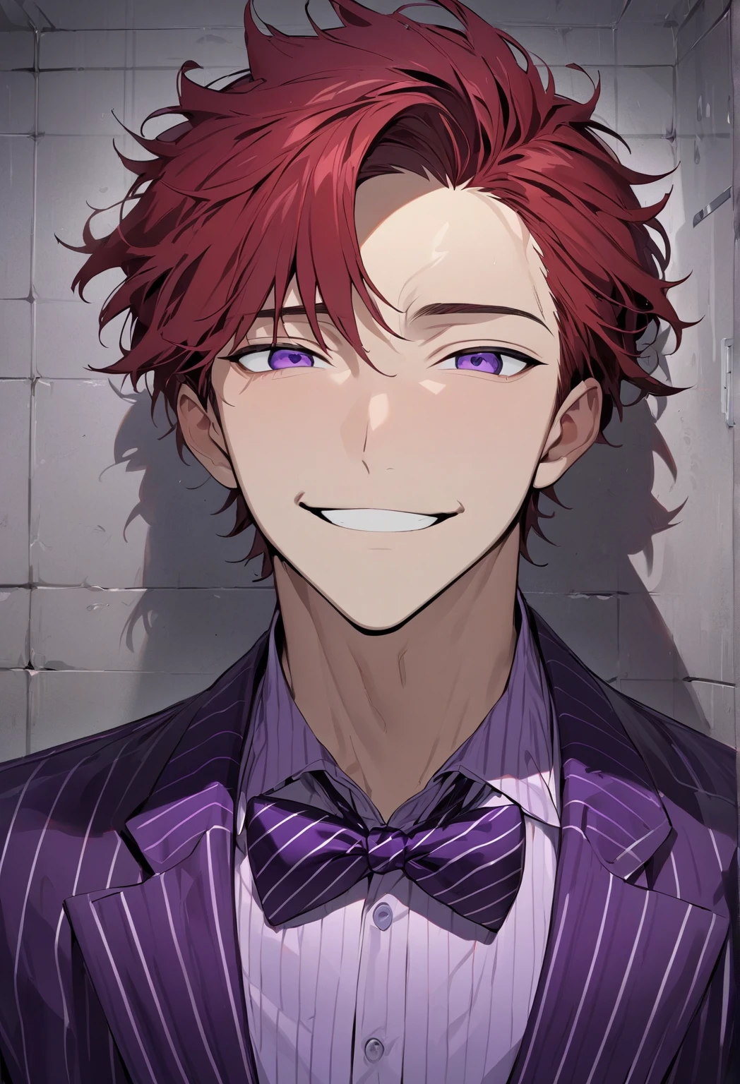 (Masterpiece, high resolution, best quality), solo, 1 boy, 20-years old man, handsome face, red hair, dark purple eyes, Purple striped suit with bow tie(purple), looking at viewer, solitary confinement in a mental hospital, young man, handsome face, eyes smiled, horny