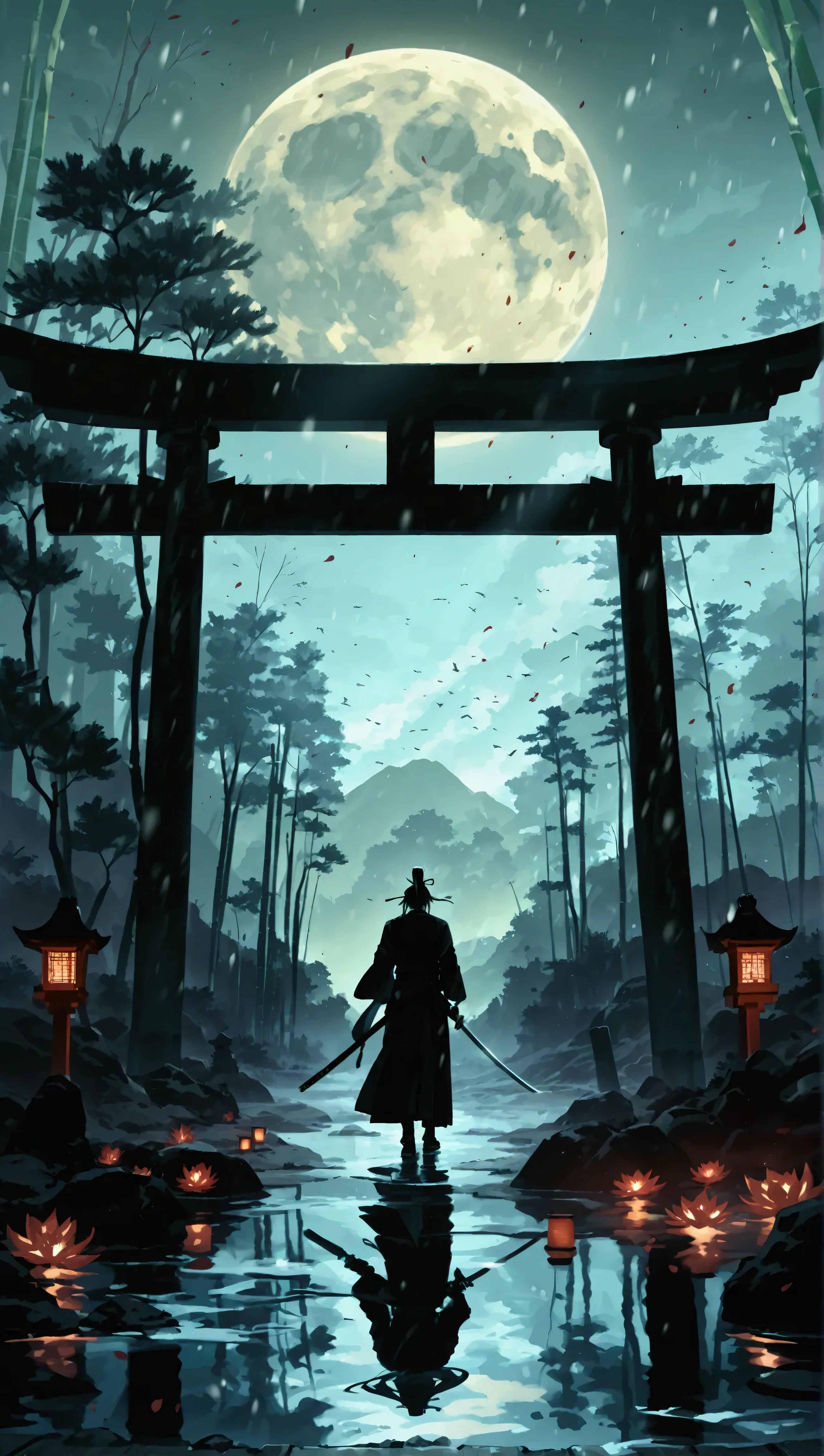 A cinematic depiction of a shadowy samurai figure standing dramatically under a glowing moon. The samurai is composed entirely of shadows, with tendrils of darkness flowing from its form, set in a misty traditional Japanese landscape. The background includes a dimly lit torii gate, scattered bamboo trees, and subtle light reflections on wet ground, creating a mysterious and atmospheric scene. The style is highly detailed, with a focus on dramatic lighting and composition, evoking a sense of mystique and intensity.