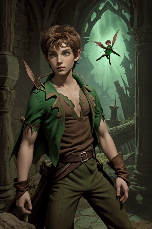 the fable eternal boy ((Peter Pan)), Gothic neverland backdrop, Peter Pan character in green and brown neverland inspired attire. Peter Pan has short brown mangy hair, animal skin clothing, tattered short shoulder cape, Peter Pan has a female pixie floating by his shoulder. Castlevania ambiance