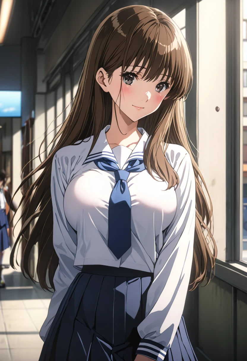 masterpiece, BestQuality, High resolution,16k,official art,super detailed skin,detailed,animated painting,(kuroe mayu:1.3),1990s \(style\),(F-cup beautiful breasts:1.3), (tall:1.2),height: 170cm,Fashion model body type,pointed eyes,black eyes,brown hair,long hair,(highschool student:highschool uniform,white shirt,mini skirt:1.3)、1girl,solo,nsfw,sexy,cool face,light smile,shy,blush,Anime-style painting style,Close up on full body,Cinematic lighting,Superfine,in the city