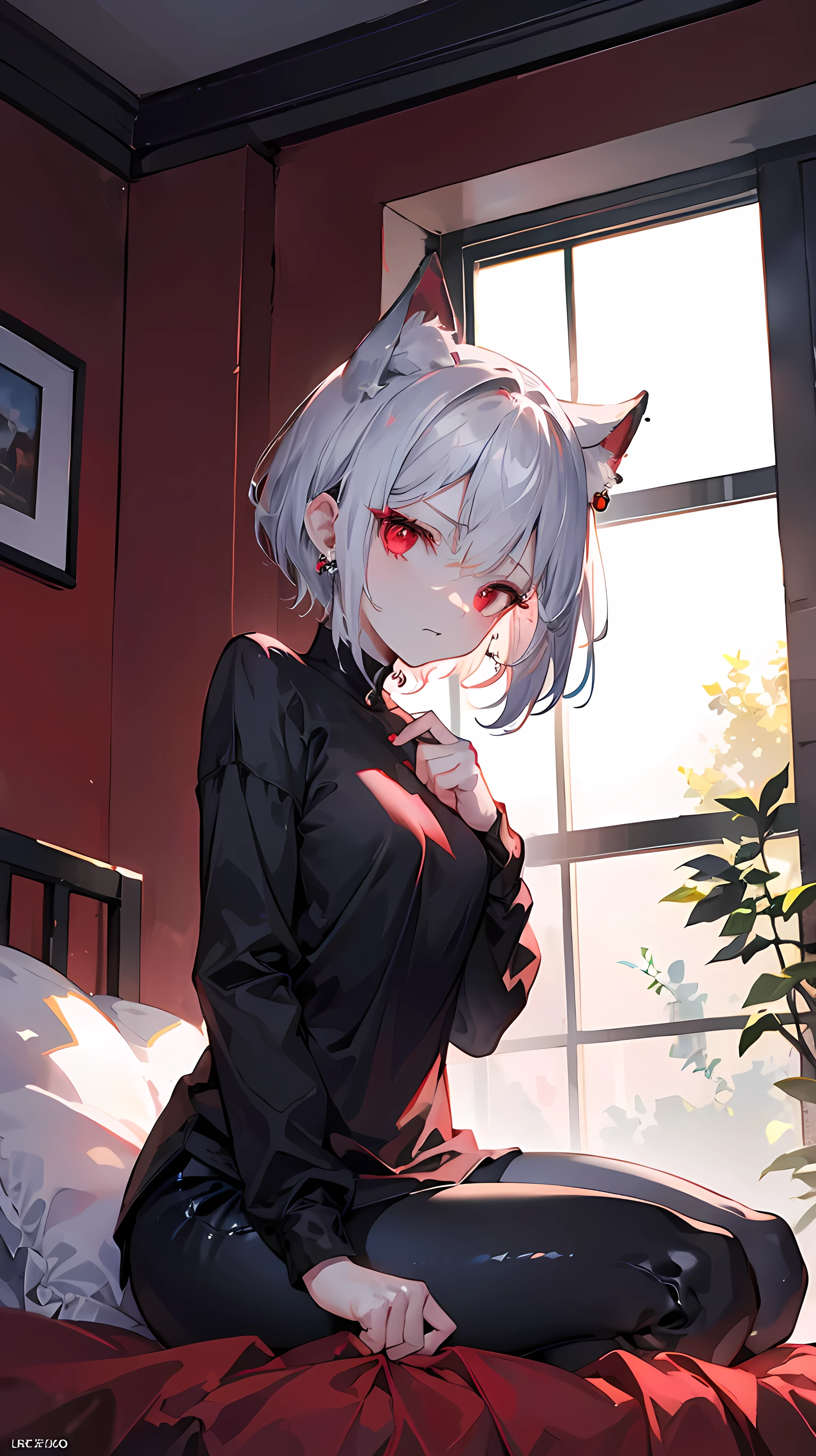 (ulzzang-6500:0,5). (Tomboy) Vampire with  ( short silver Pixie hair ).  Wearing a long sleeve black top and black leggings .  well-proportioned body . sharp vampire fangs ,  intense red eyes and a red earring on her right ear .  kneeling on a white bed with a slightly blurred background, focusing on the face and upper body . Sadistic and Cruel Expression.  The environment presents a traditional interior decoration , with side view angle . raw photo, 8K UHD, film grain.