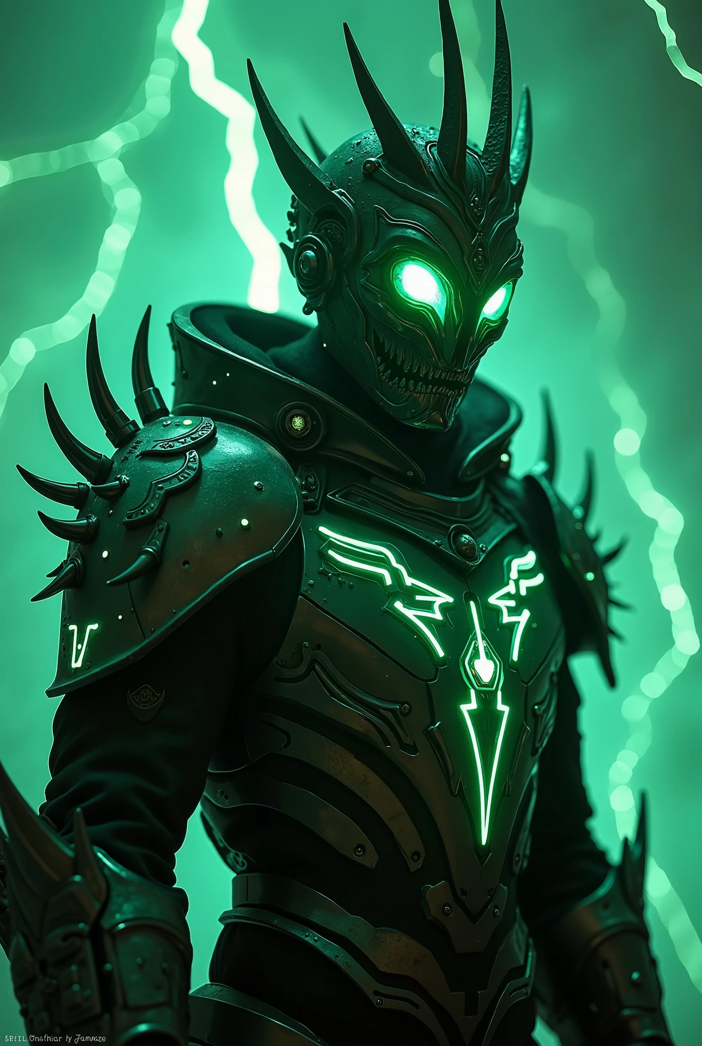 Make an alien race, as if it were a zombie, with futuristic clothes and equipment. as if they were living dead. its skin is green and in necrosis. Furthermore he must be strong. with the appearance of a monster like ciplope, he has eyes like fire and energy. pure monstrosity.