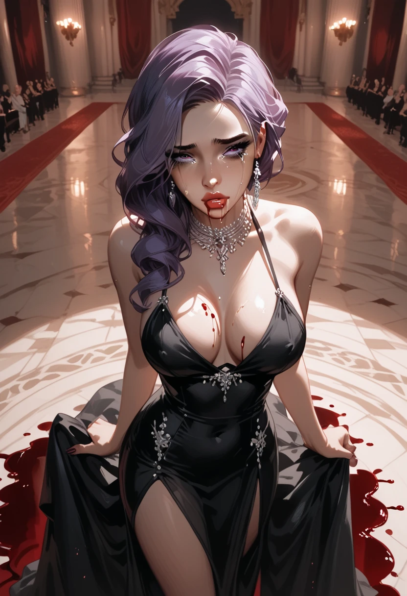  score_9,  score_8_above,  score_7_above,  source  _animated, arrogant,girl, very elegant, expressive eyes, Nostalgic girl,  semi-transparent dress,  black dress , in a palace, dramatic light (dramatic light), silk hair,  purple hair, ,delicate woman, dark people dancing in the background, Dark atmosphere, mysterious, spilled blood, Crying girl